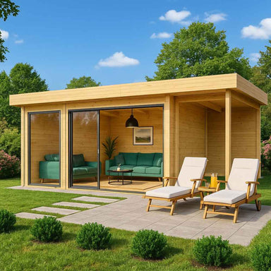 A stylish wooden structure with floor-to-ceiling glass doors sits on a grassy lawn, labeled the GardenHouse24 USA ALU Concept 70O Garden Room