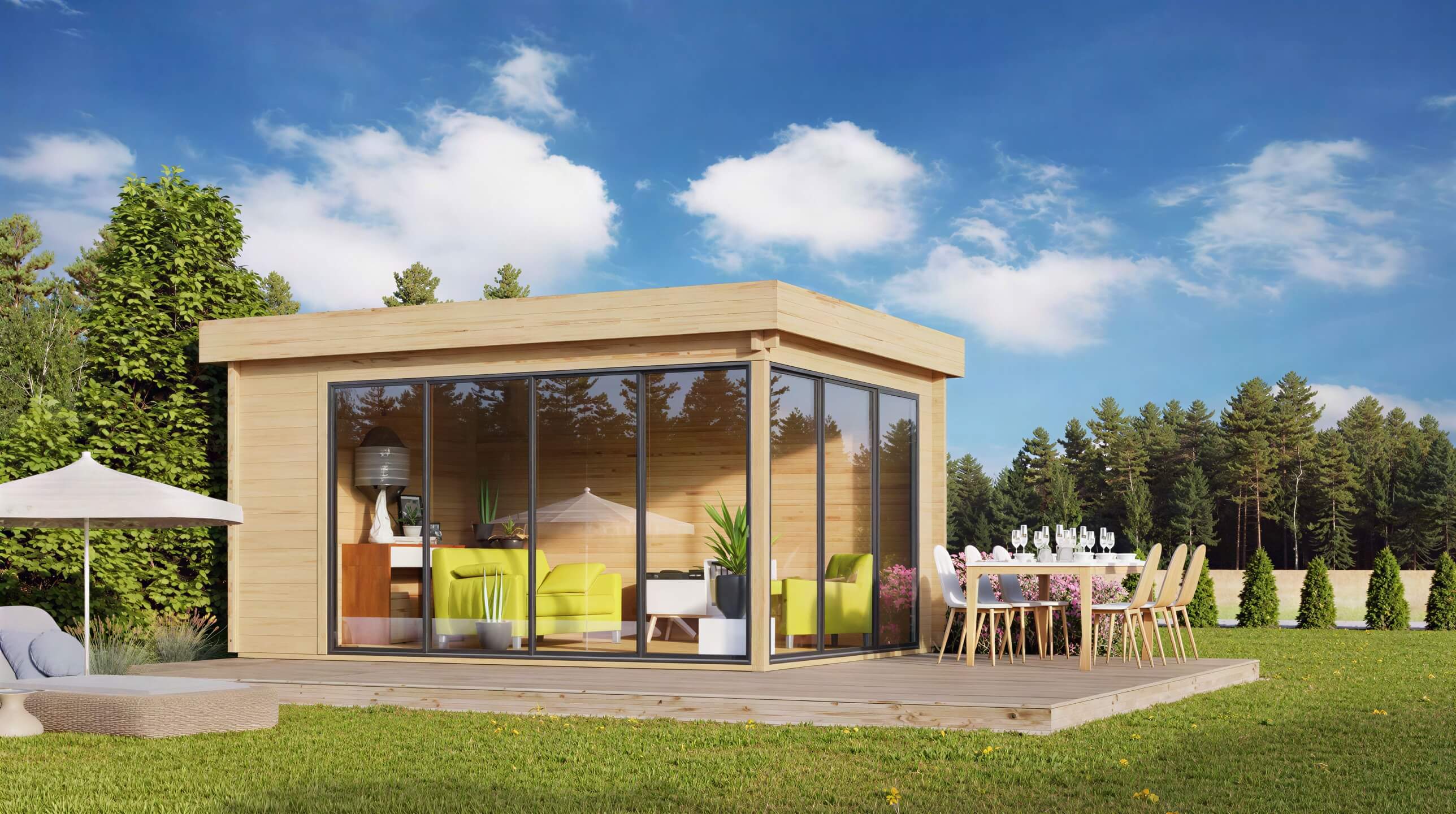 A stylish wooden structure with floor-to-ceiling glass walls stands on a sunny lawn with a dining table outside—this is the GardenHouse24 USA ALU Concept 70A Garden Room