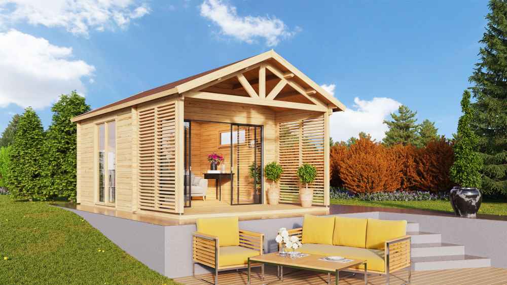 A sunny outdoor scene features the GardenHouse24 USA ALU Concept Arosa 44A Garden Room