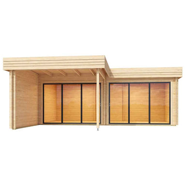 A symmetrical front-facing image of the GardenHouse24 USA Lasse 44B ALU Garden Room showcases its dual-section glass walls and sleek wooden exterior