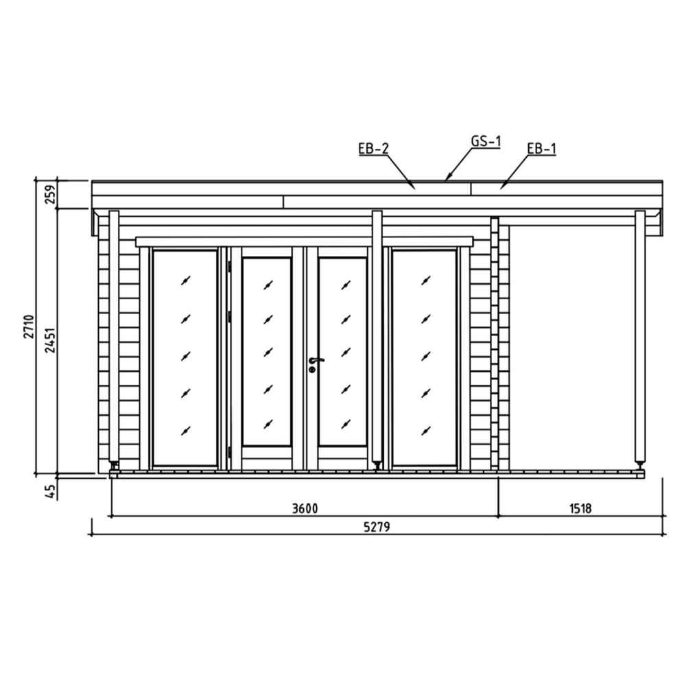 A technical drawing of the GardenHouse24 USA Keno 70 Garden Room includes precise measurements of the front elevation and door placement