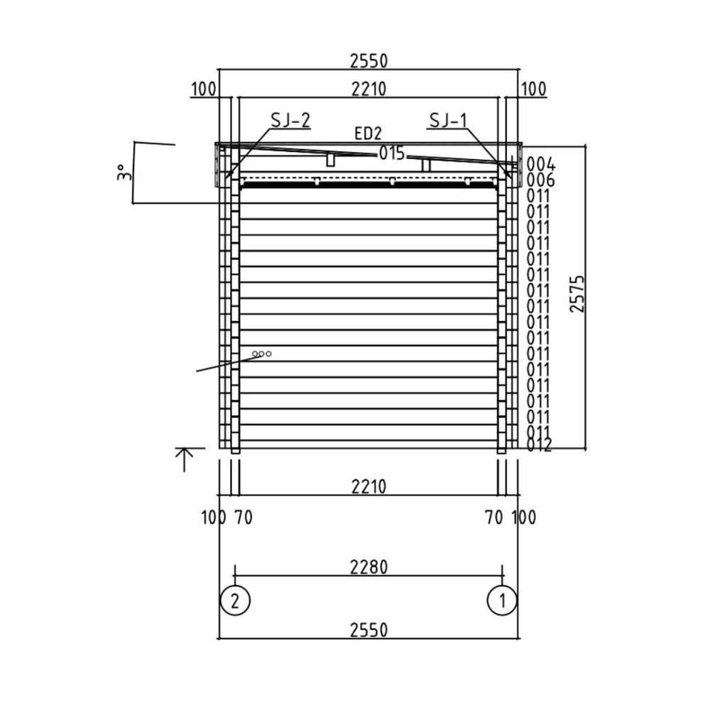 A technical drawing of the rear wall layout for the GardenHouse24 USA Sauna Giusto 70 Garden Room, with precise measurements in millimeters