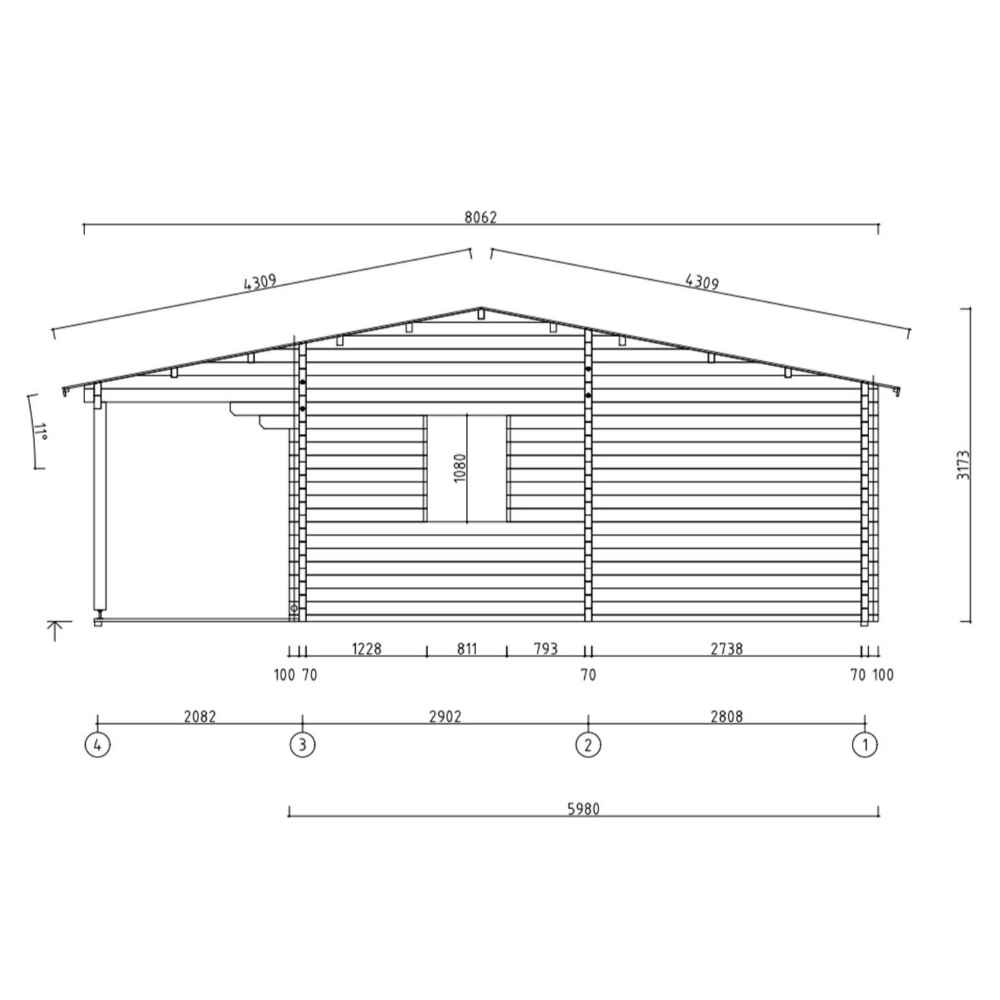 A technical drawing shows the front elevation with roof angles and window placements for the GardenHouse24 USA Mikka 70 Garden Room, detailing its precise dimensions