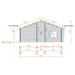 A technical elevation drawing displays roof slopes, wall measurements, and window placements for the GardenHouse24 USA Francesca 70 Garden Room