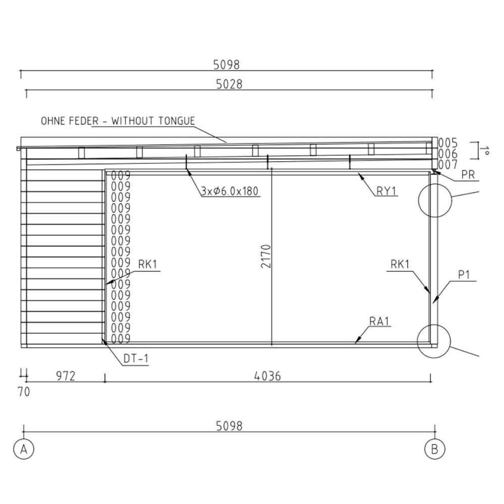 A technical floor plan displays exact measurements and layout for constructing the GardenHouse24 USA Q Bic ALU 70F Sauna Garden Room