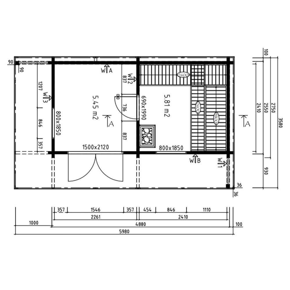 A technical floor plan for the GardenHouse24 USA Asta 70 Garden Room displays two distinct rooms with detailed interior and exterior measurements