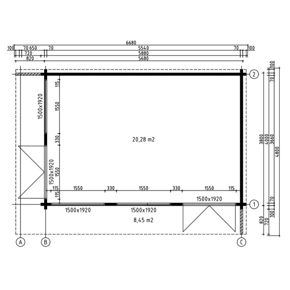 A technical floor plan of the GardenHouse24 USA Lisa 70B Garden Room shows interior dimensions and wall placements in square meters with exact measurements
