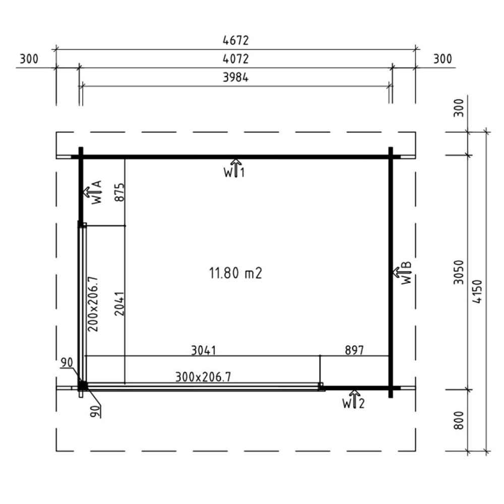 A technical floor plan of the GardenHouse24 USA Starla 44A ALU Garden Room shows detailed dimensions and layout of the interior space