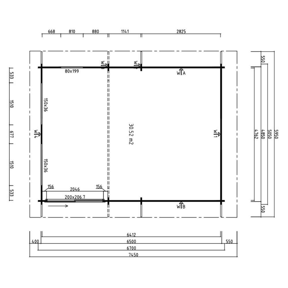 A technical floor plan outlines the room measurements of the GardenHouse24 USA Caddie 44A ALU ISO Garden Room with labeled wall segments and doorwindow placements