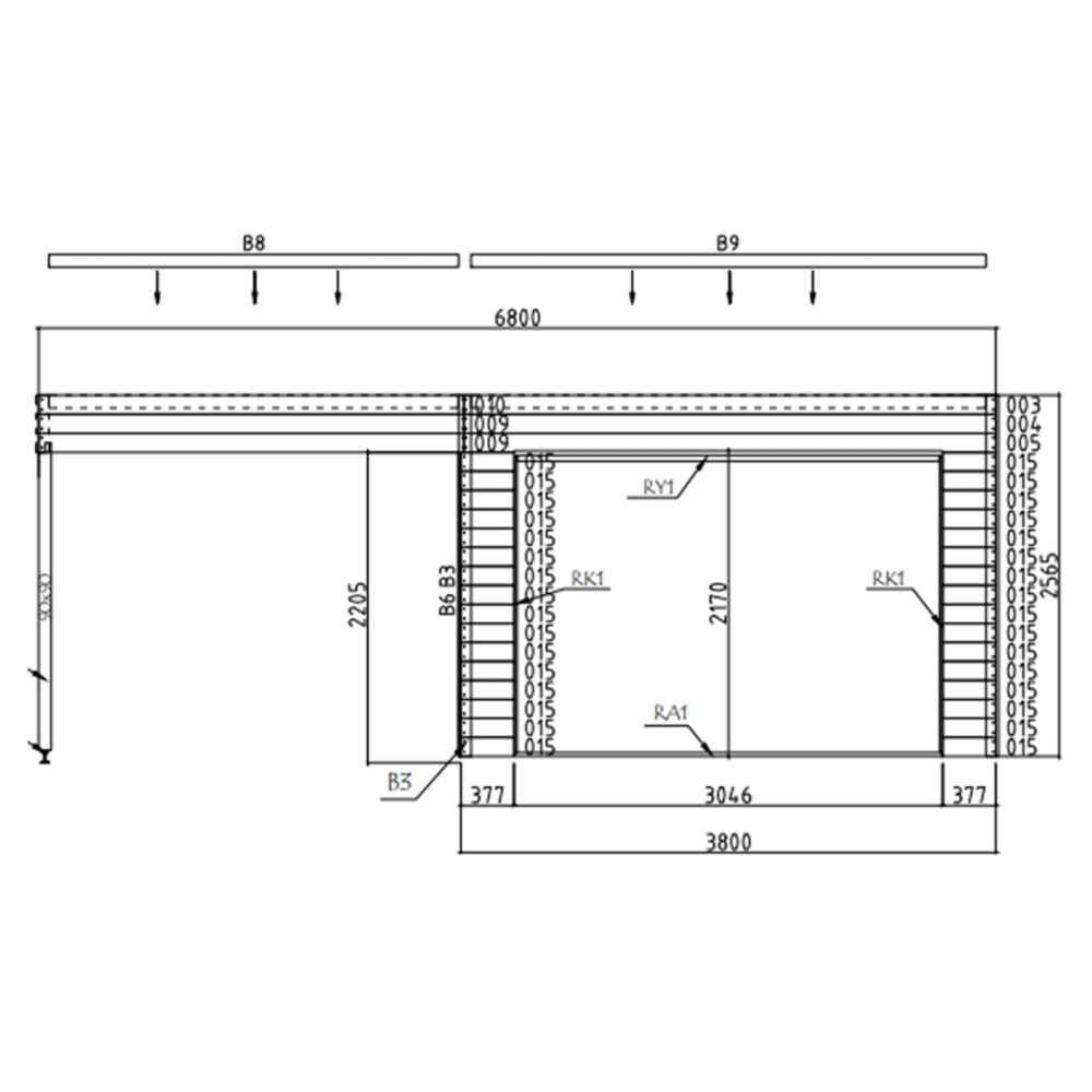 A technical floor plan showing the front elevation and dimensions of the GardenHouse24 USA Q Bic ALU 44A SD Garden Room with detailed wall thickness and layout