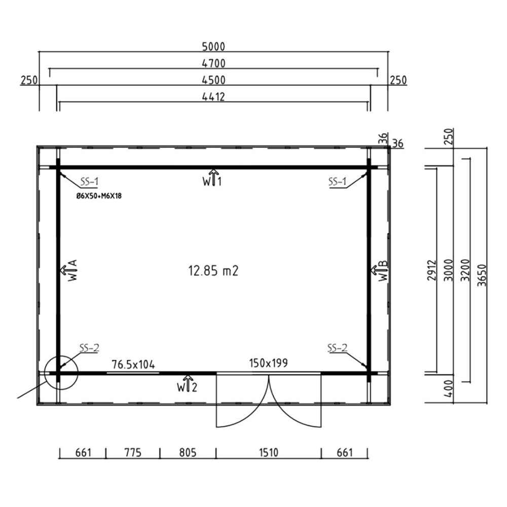 A technical floor plan with exact dimensions outlines the interior and exterior structure of the GardenHouse24 USA Miriam 44A Classic Garden Room