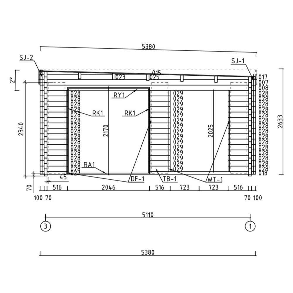 A technical front elevation drawing details the measurements and window placement of the GardenHouse24 USA Sauna Dolce 70 Garden Room