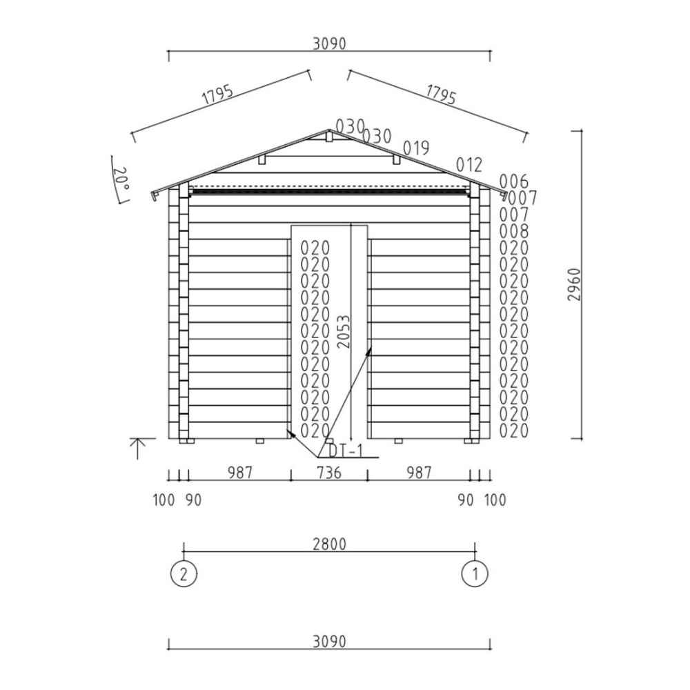 A technical front view drawing of the GardenHouse24 USA Sauna Sanna 90 Garden Room illustrates its gabled roof, log construction, and centered glass doors