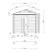 A technical front view drawing of the GardenHouse24 USA Sauna Sanna 90 Garden Room illustrates its gabled roof, log construction, and centered glass doors
