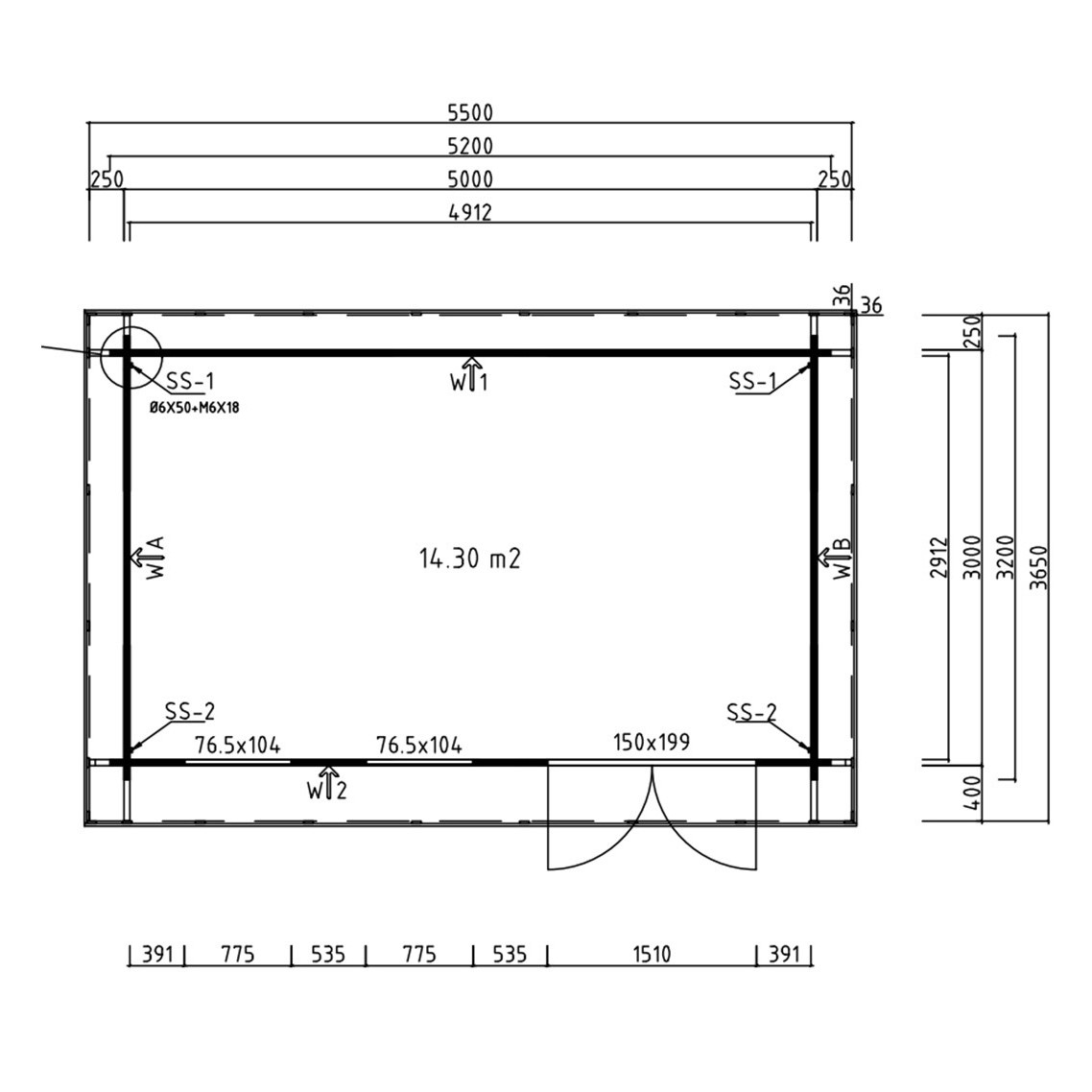 A technical interior layout of the GardenHouse24 USA Miriam 44B Classic Garden Room displays specific hardware placements, wall types, and interior wall measurements in meters and millimeters