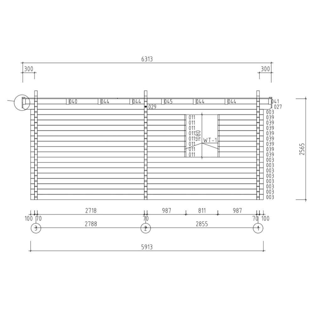A technical rear elevation of the GardenHouse24 USA Taunus 70 Garden Room features precise wall dimensions and one centered window