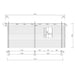 A technical rear elevation of the GardenHouse24 USA Taunus 70 Garden Room features precise wall dimensions and one centered window
