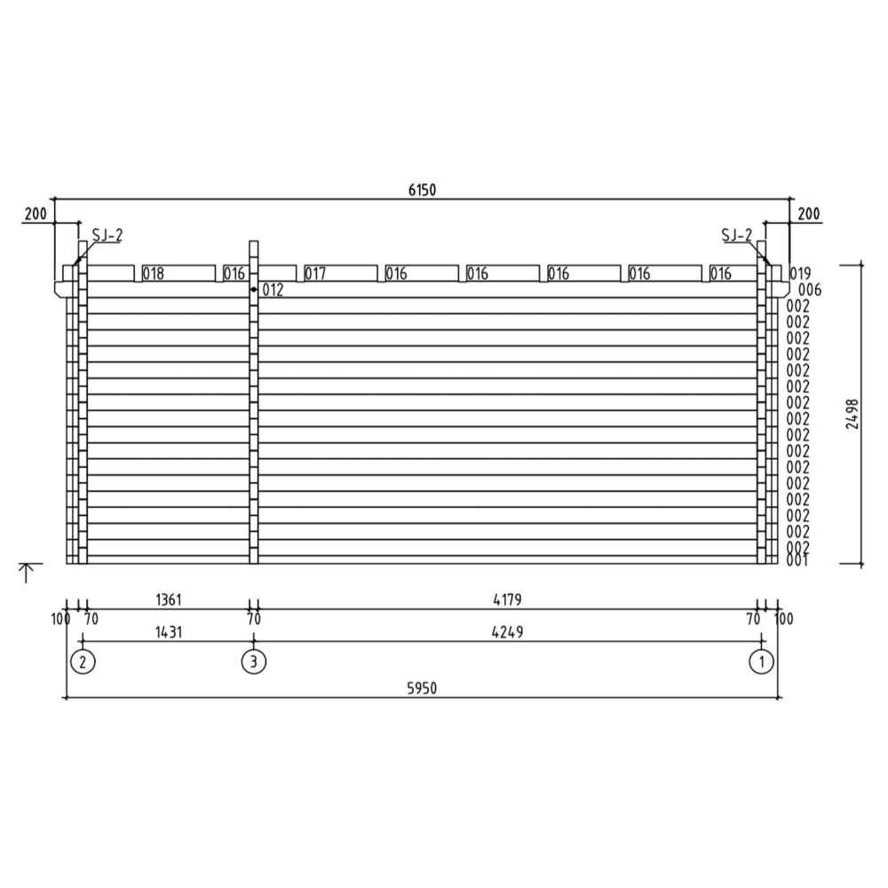A technical side elevation drawing of the GardenHouse24 USA ALU Concept 70C Garden Room outlines the full horizontal plank construction and roof depth