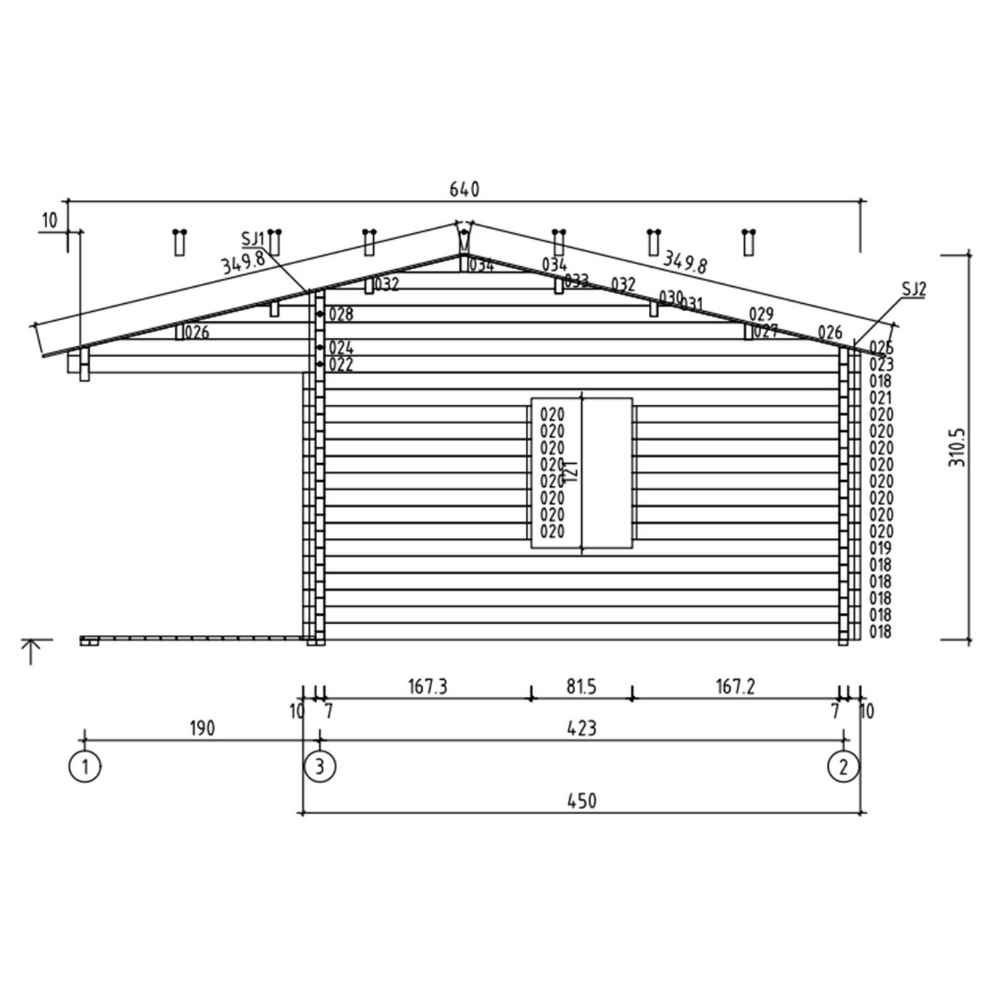 A technical side elevation drawing of the GardenHouse24 USA Barrit 70 Garden Room details roof angles and structural dimensions