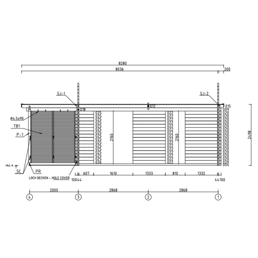 A technical side elevation drawing showing detailed wall sections and dimensions of the GardenHouse24 USA ALU Concept Arosa 44C Garden Room