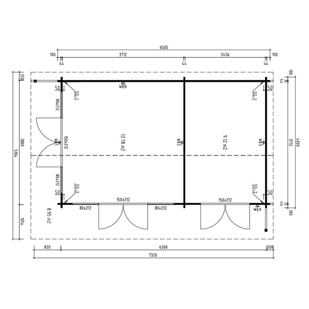 A technical side elevation of the GardenHouse24 USA Konrad 44 B Garden Room displays its height, roof pitch, and structural detailing for precise construction