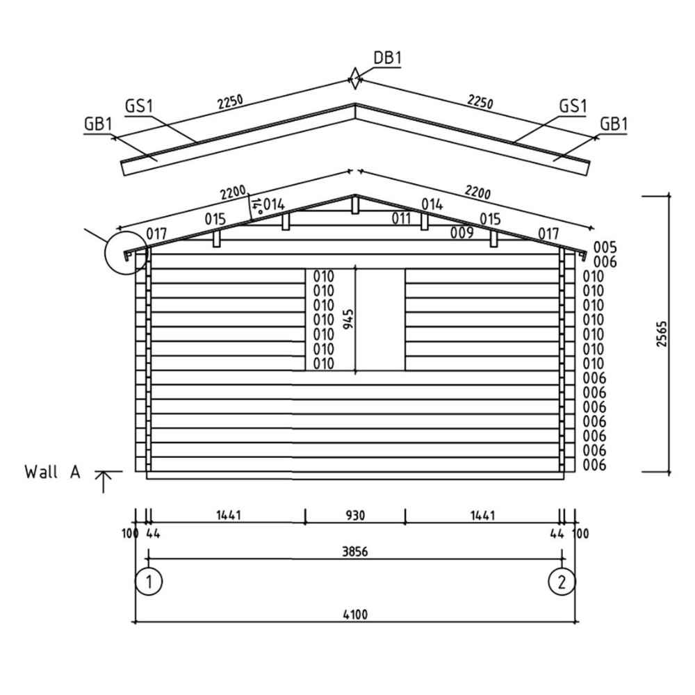 A technical side elevation view illustrates the wall structure and roof slope of the GardenHouse24 USA Miriam 44A Classic Garden Room, showing window placement and dimensions