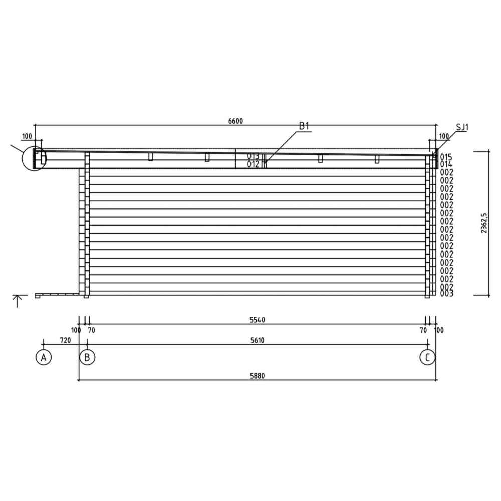A top-down architectural view of the GardenHouse24 USA Lisa 70B Garden Room outlines the side wall structure with precise width, length, and slat placements
