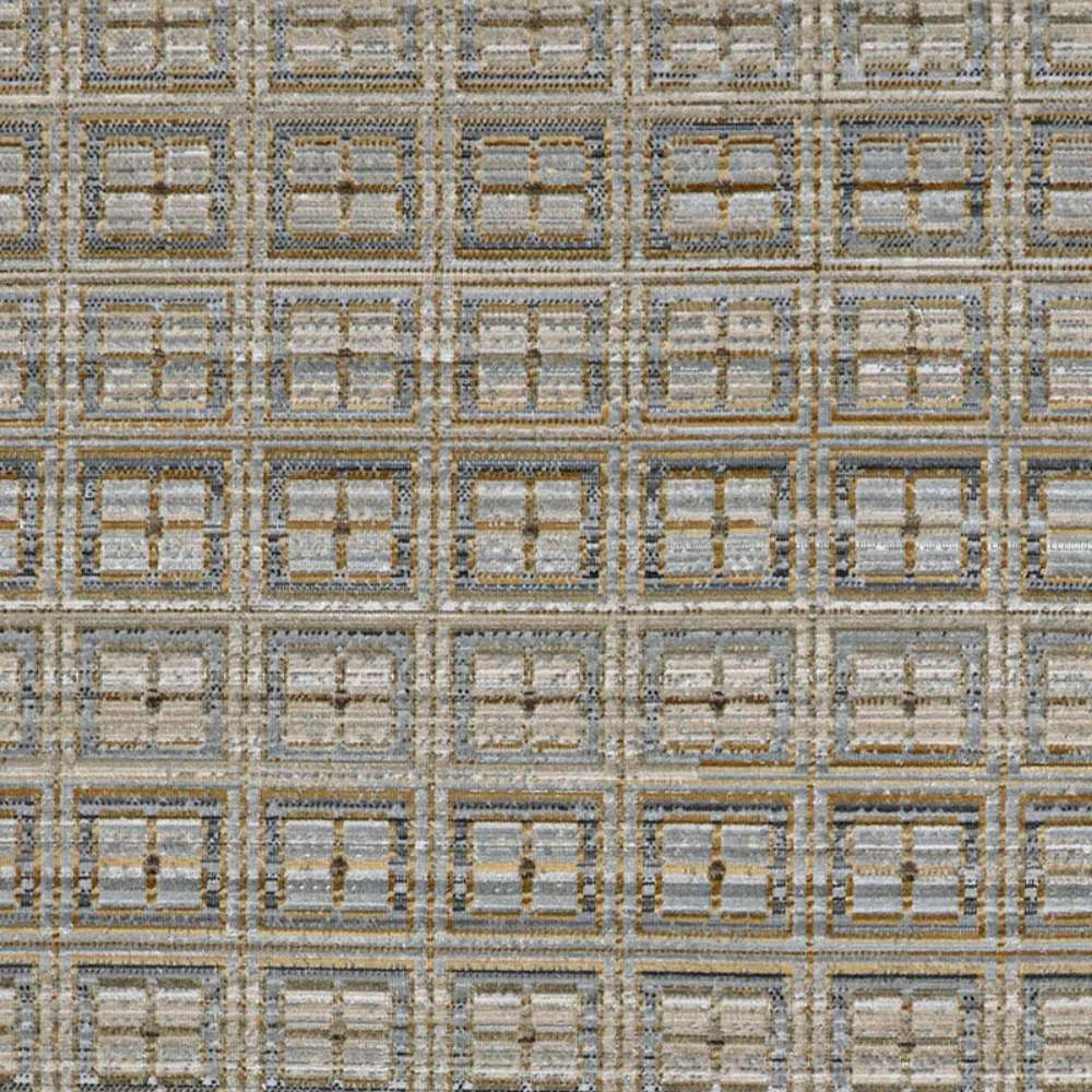 A top-down close-up of Couristan Fez Indoor/Outdoor Rug - Sidi/Sunlight shows a repeating grid design in beige, gray, and sunlight gold