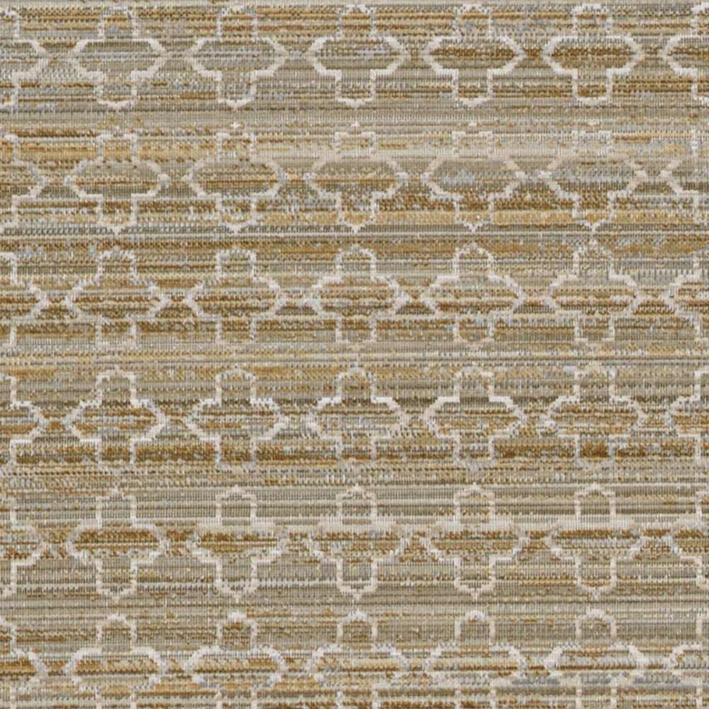 A top-down close-up reveals the repeating geometric shapes and sand-toned threads of Couristan Fez Indoor/Outdoor Rug - Riad/Sand