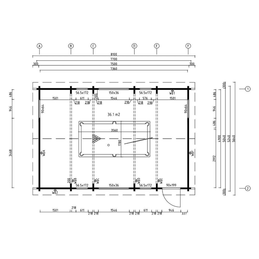 A top-down floor plan of the GardenHouse24 USA Dundee 70C Garden Room shows the spacious 36.1 m² interior with centered pool table placement and precise wall measurements