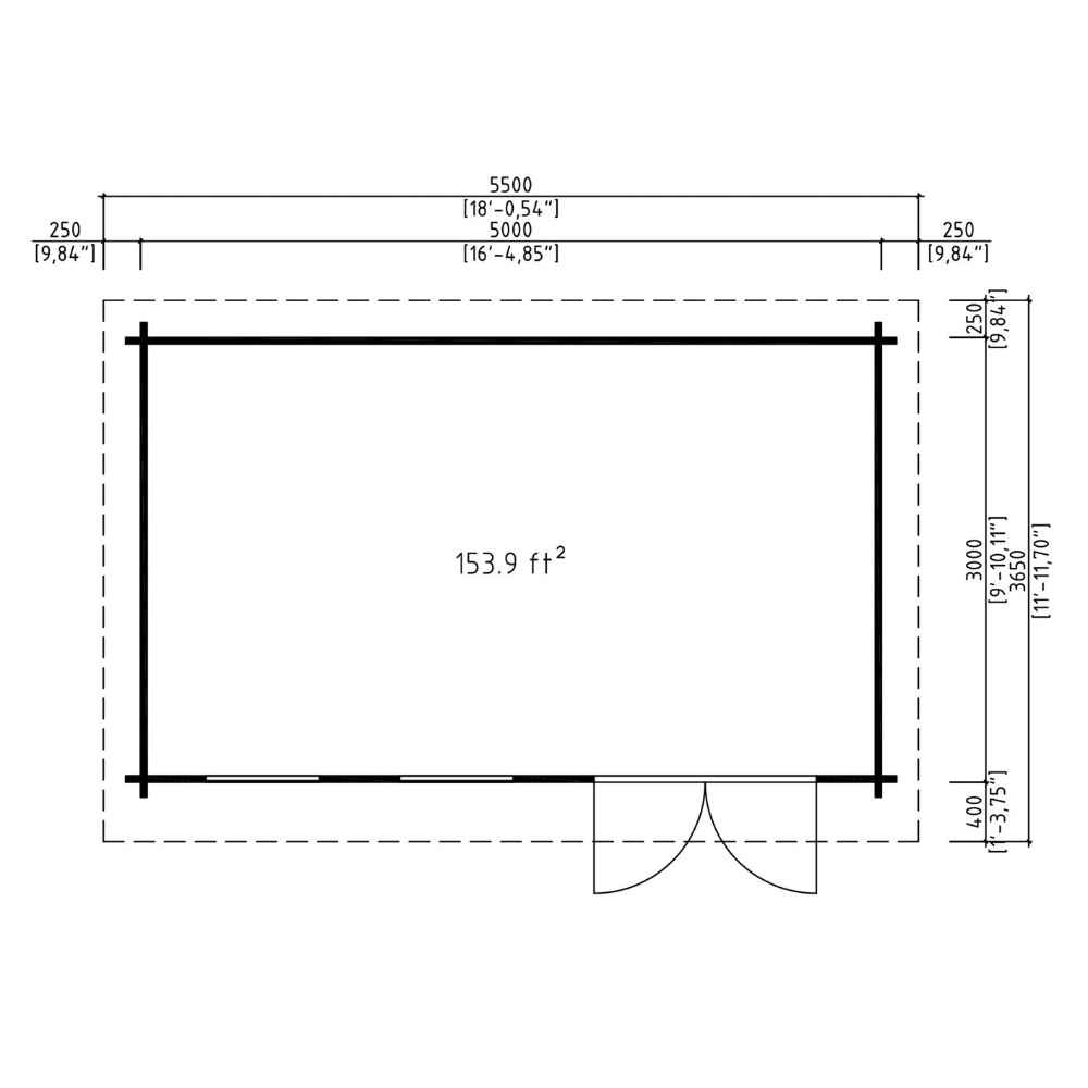 A top-down floor plan shows the 153.9 ft² layout of the GardenHouse24 USA Miriam 44B Modern Garden Room, with clear dimensions and double front doors