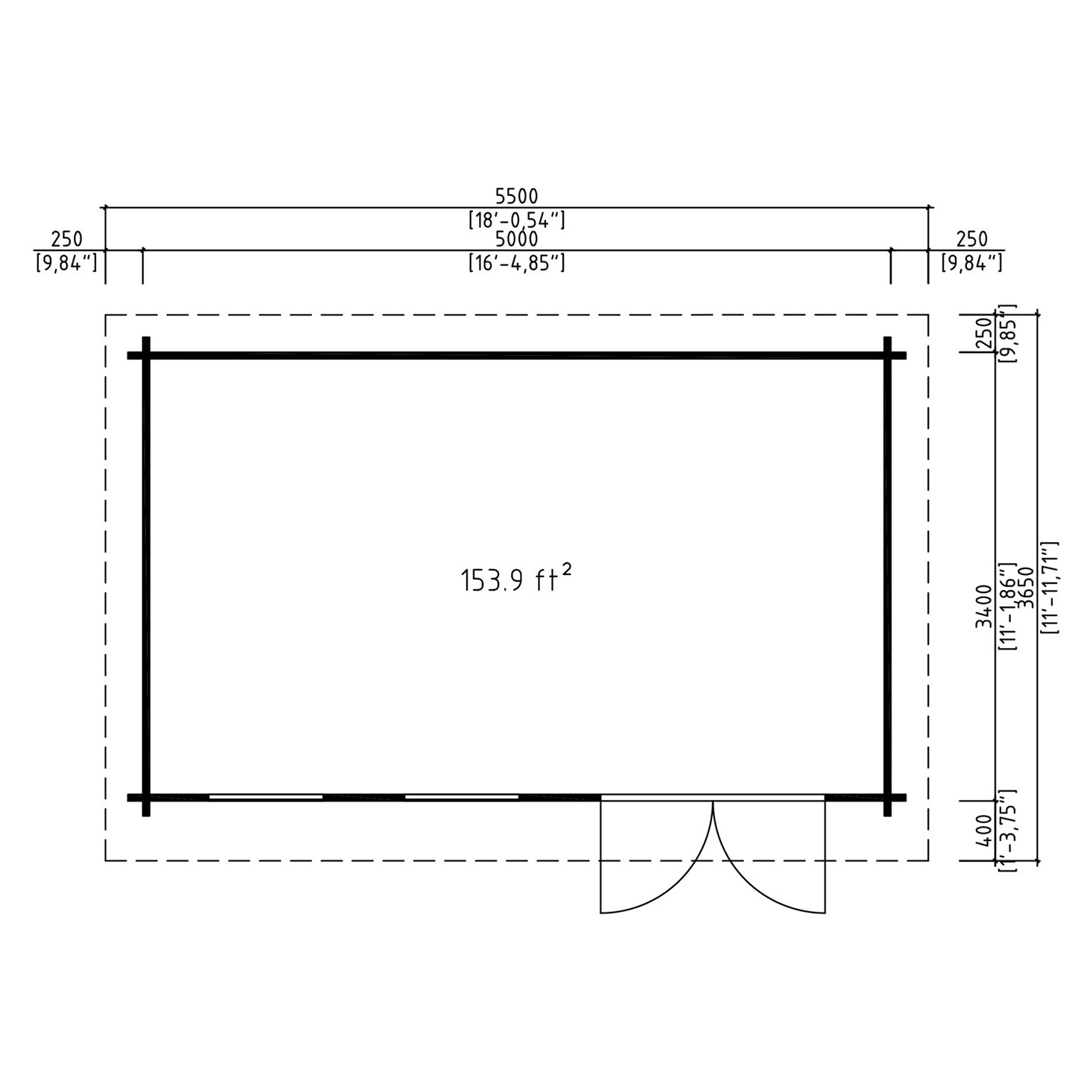 A top-down floor plan shows the layout of the GardenHouse24 USA Miriam 44B Classic Garden Room, highlighting a 153.9 ft² open space with a centered entrance and wall measurements in both feet and millimeters