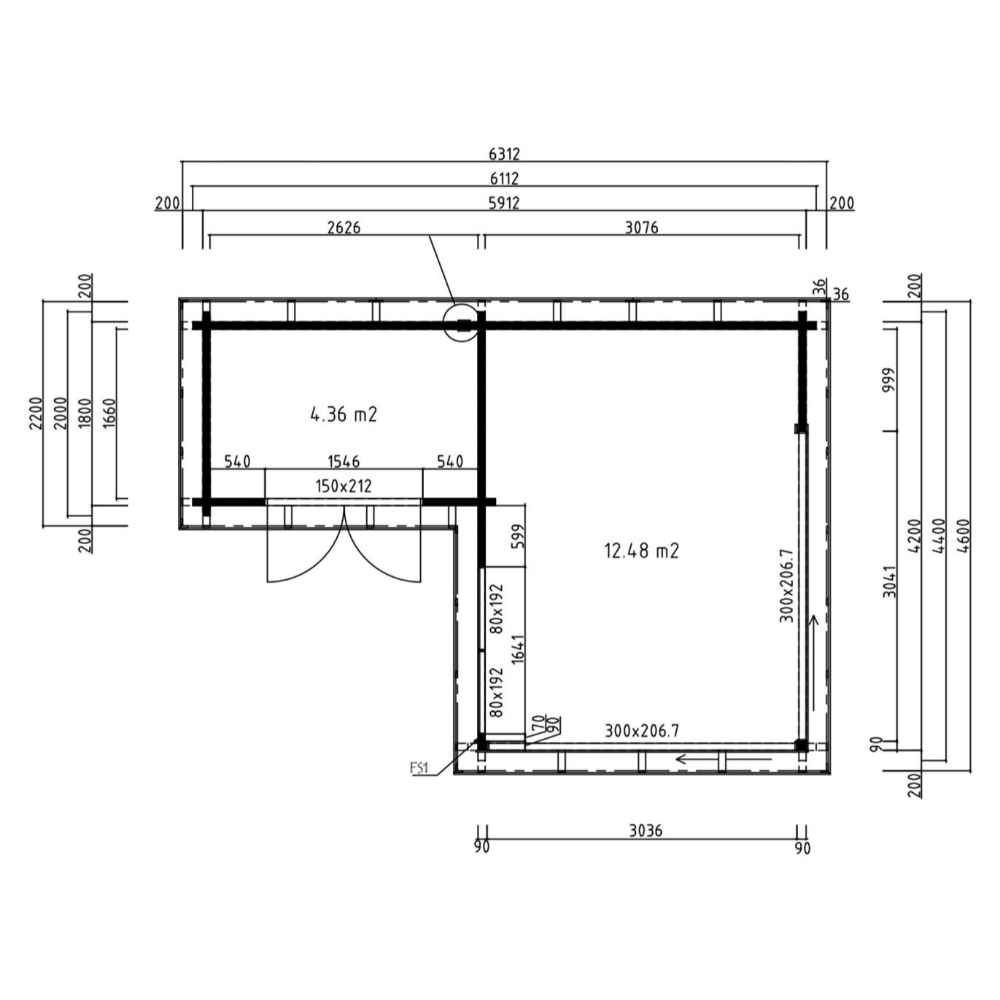 A top-down floor plan sketch outlines two connected rooms inside the GardenHouse24 USA ALU Concept 70M Garden Room, with detailed measurements and doorway placements