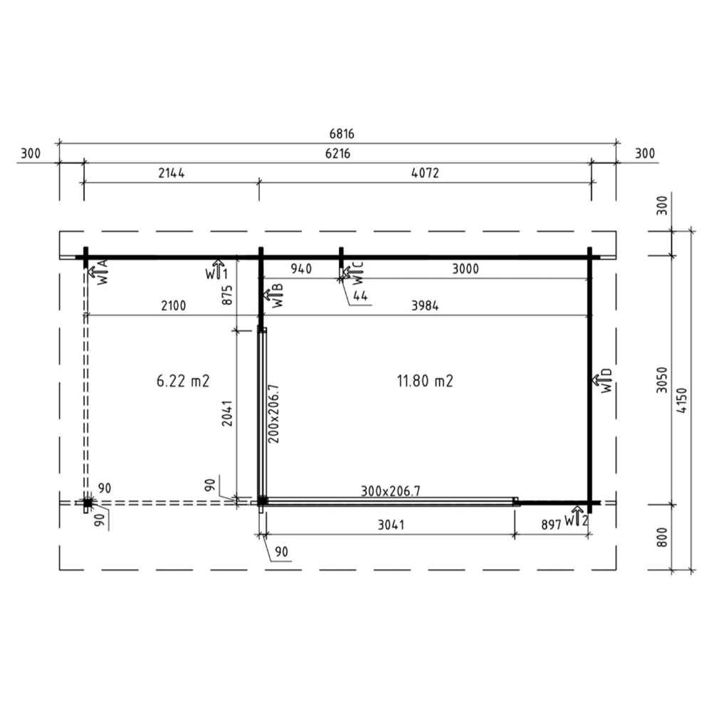 A top-down schematic of the GardenHouse24 USA Starla 44C ALU ISO Garden Room shows internal room divisions, door placements, and total floor space in square meters