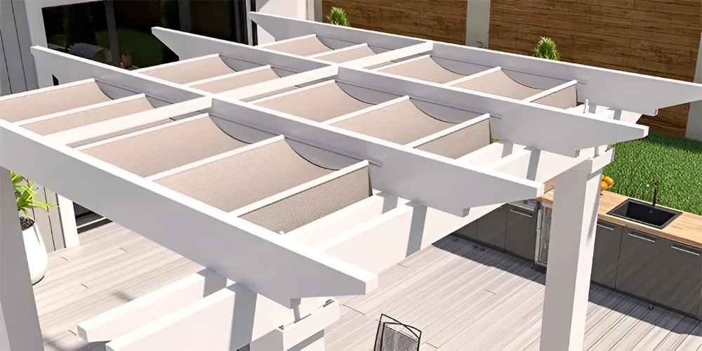 A top-down view showcases the Structureworks Marquis Fiberglass Pergola with evenly spaced curved canopy panels that create a wave-like shading pattern
