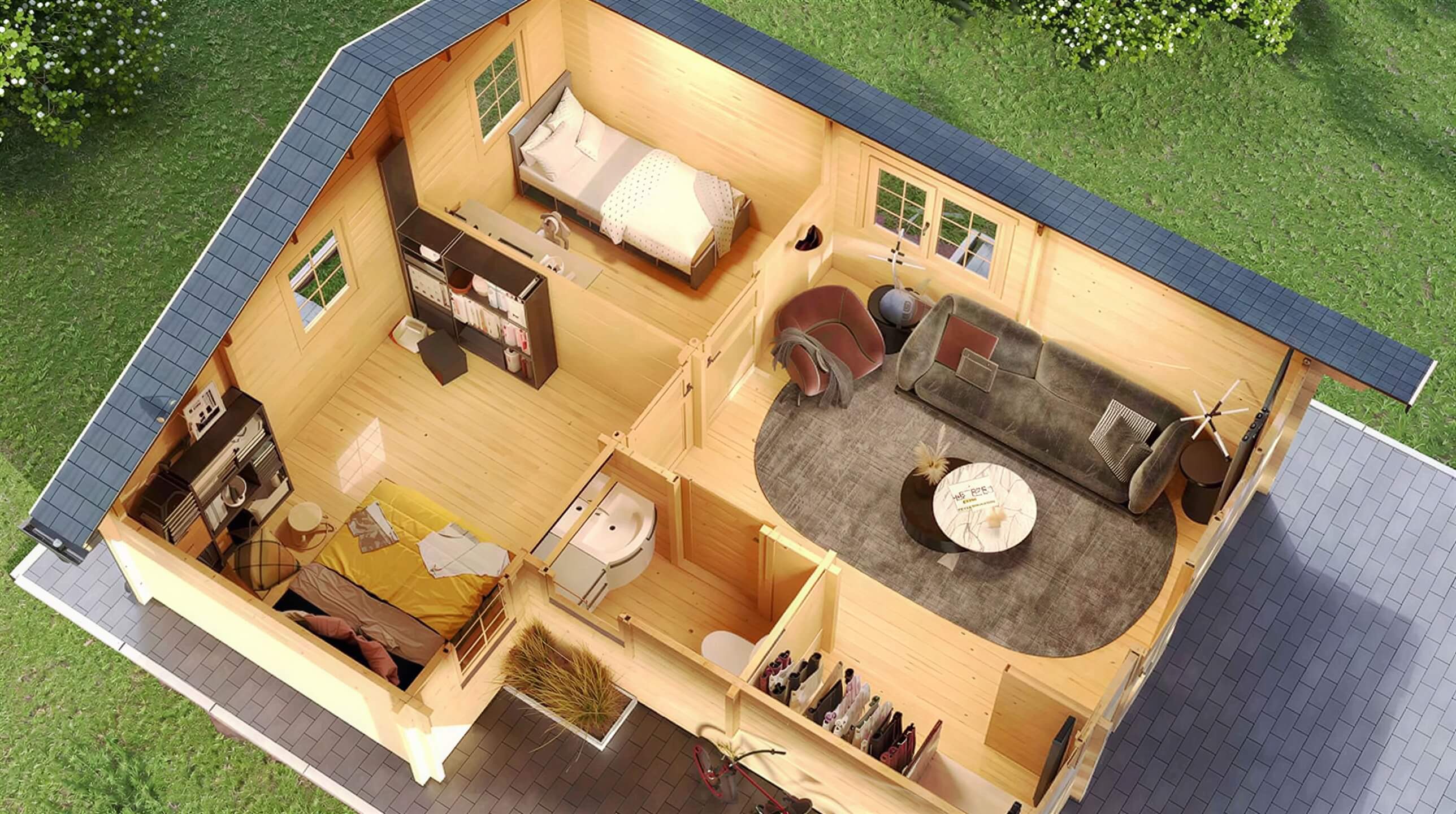 A top-down view showing the furnished interior layout with a bedroom, living area, bathroom, and closet in the GardenHouse24 USA Den 70 Garden Room
