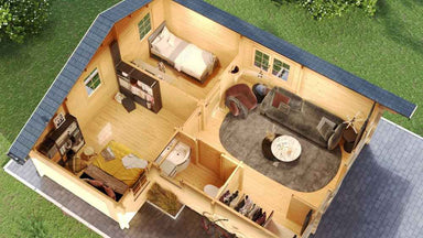 A top-down view showing the furnished interior layout with a bedroom, living area, bathroom, and closet in the GardenHouse24 USA Den 70 Garden Room