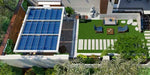 A top-down view shows a garden with a blue-roofed Structureworks Breeze Aluminum Pergola sheltering an outdoor lounge beside a green lawn and stone path