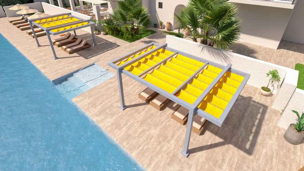 A top-down view shows two Structureworks Balance Trex Pergola units lined up poolside, covering several lounge chairs on a tiled patio