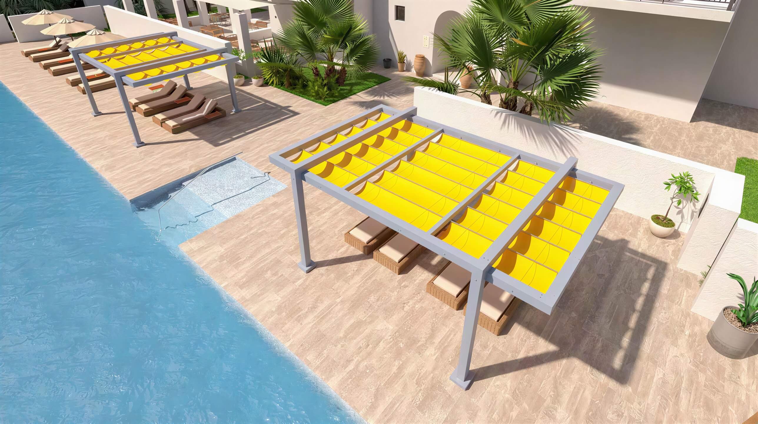 A top-down view shows two Structureworks Balance Trex Pergola units lined up poolside, covering several lounge chairs on a tiled patio