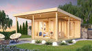 A twilight rendering of the GardenHouse24 USA Keno 70 Garden Room depicts a cozy, lit-up interior surrounded by a beautifully landscaped yard
