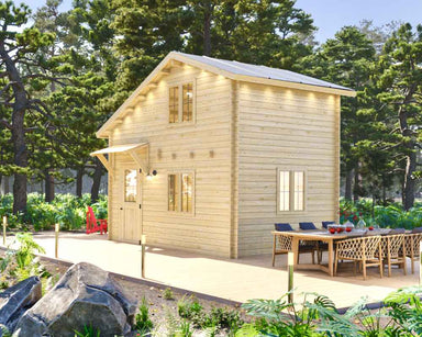 A two-story wood-paneled cabin with warm lights and surrounded by tall trees represents the Sawmill Structures BlueWater Loft 160 38mm Garden Room