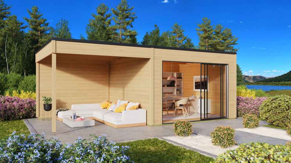 A vibrant outdoor setting featuring a cozy sofa and a scenic lakeside view next to the GardenHouse24 USA Q Bic ALU 44A SD Garden Room