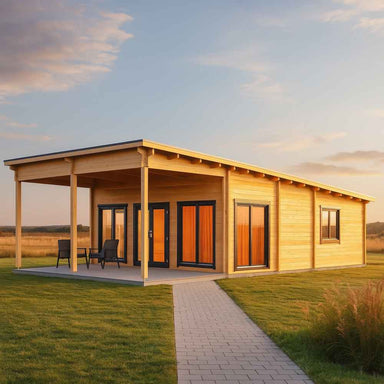 A warm-toned evening shot of the GardenHouse24 USA Hedland 70 Garden Room highlights its wood exterior, black-framed glass doors, and covered patio with two chairs