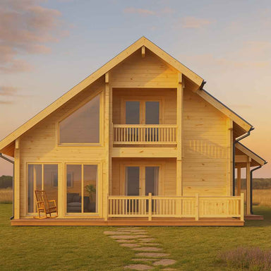 A warm, golden sunset highlights the GardenHouse24 USA Olivia 90 Garden Room’s clean wooden facade, twin balconies, and full-length windows