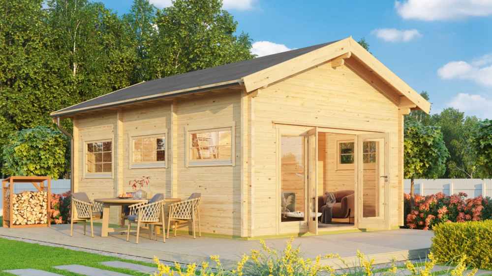 A welcoming garden patio setup complements the GardenHouse24 USA Astrid 70 Garden Room, which opens to a sunny backyard and lush landscaping