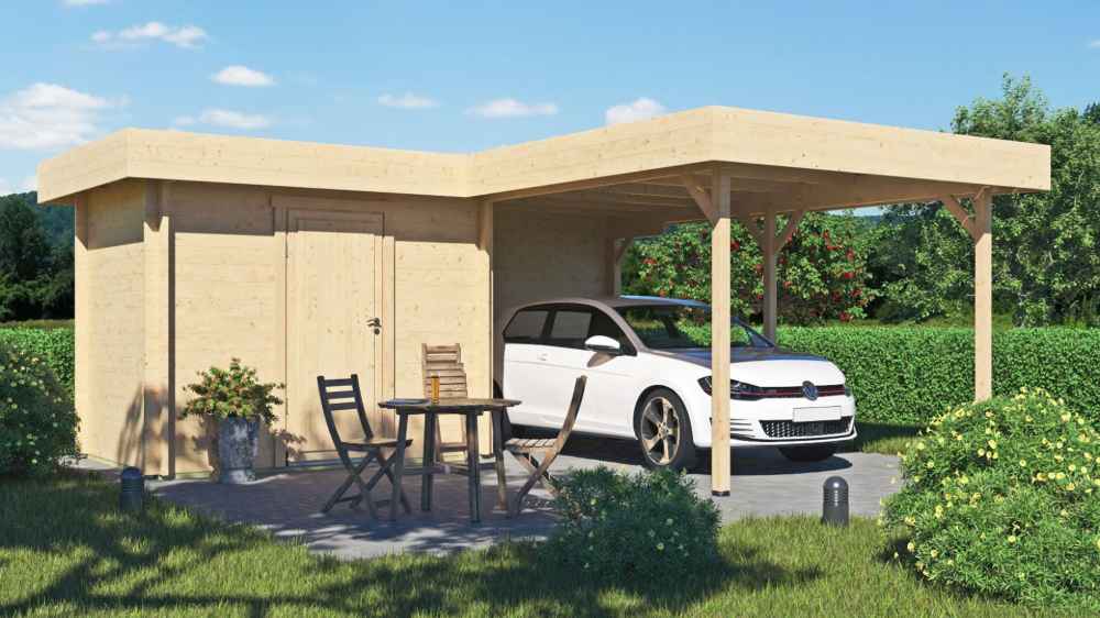 A white Volkswagen is parked next to a wooden table and chairs under the GardenHouse24 USA Carport Kampen 44 Garden Room, blending leisure and utility