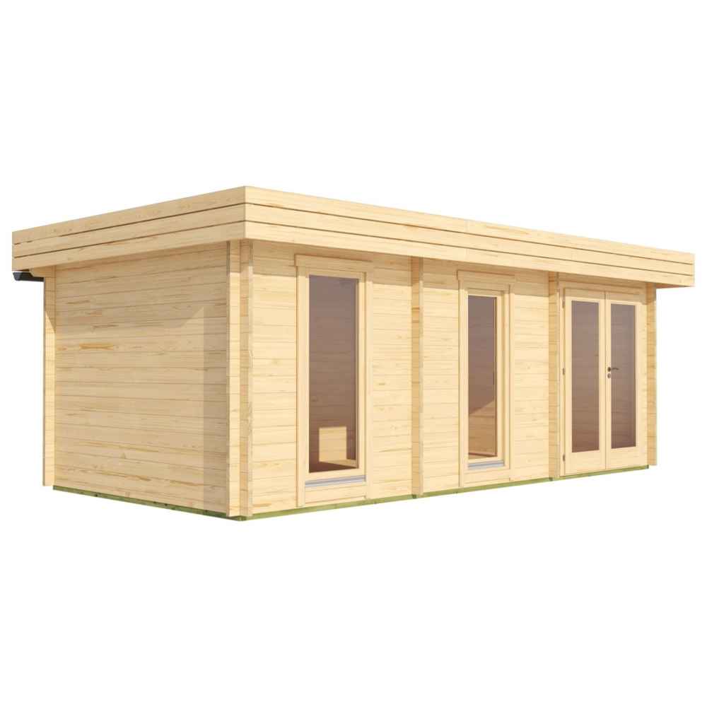 A wide angle view of the GardenHouse24 USA Miriam 44C Modern Garden Room with three vertical windows and a double-door entrance, all with glass panels