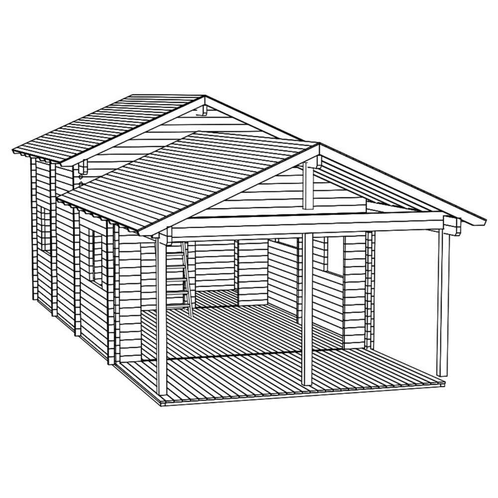 A wireframe perspective drawing reveals the open porch area and inner structure of the GardenHouse24 USA Lake House 70A Garden Room, with visible support posts and openings