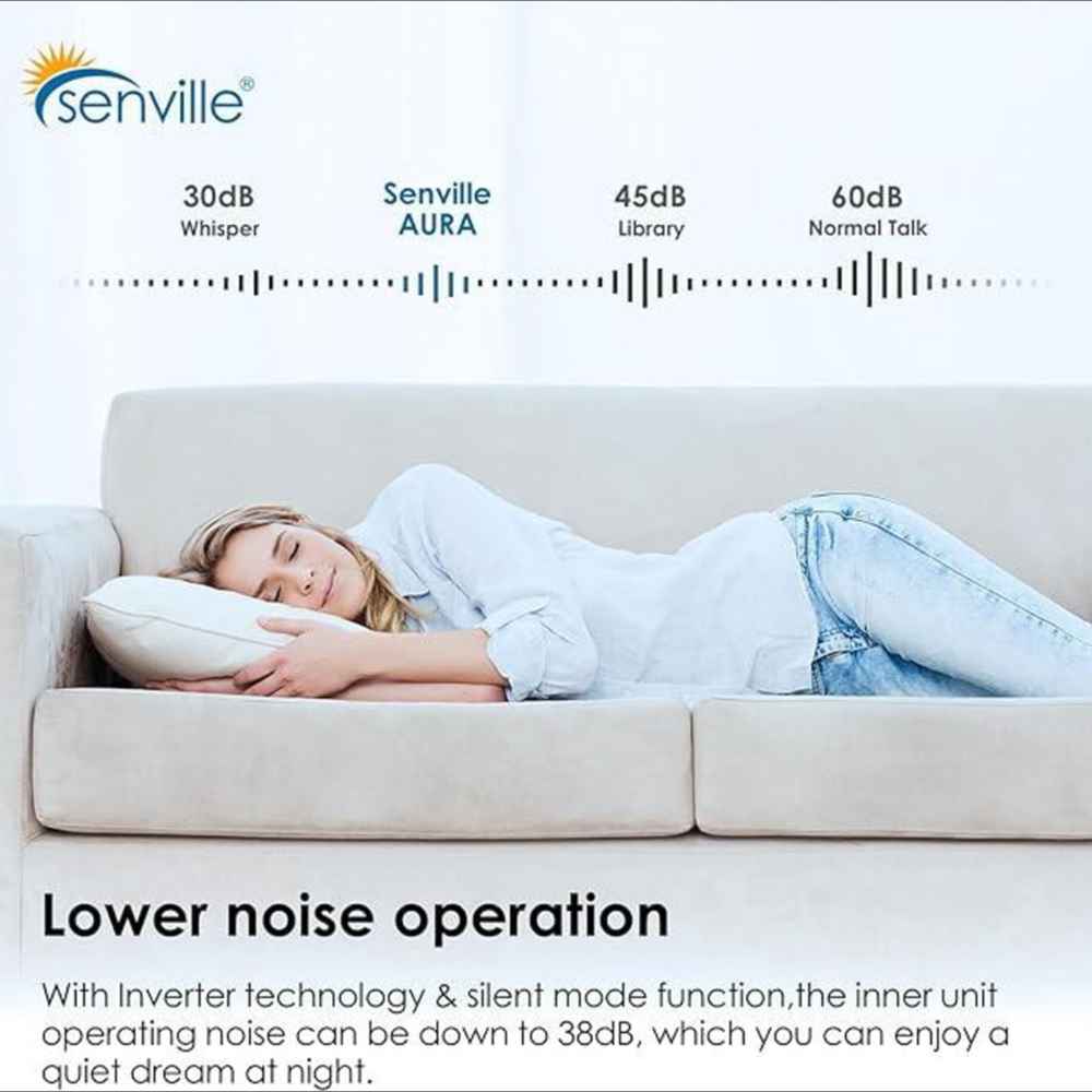 A woman rests peacefully on a couch while a noise comparison chart highlights the whisper-quiet performance of Senville 28000 BTU Tri-Zone Mini Split Air Conditioner - Heat Pump - SENA30HFT